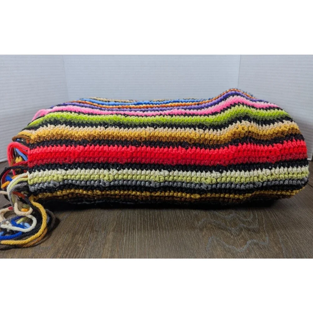 VTG Handmade Crochet Throw Blanket Multi Color Apache Tears Afghan Style Fringe